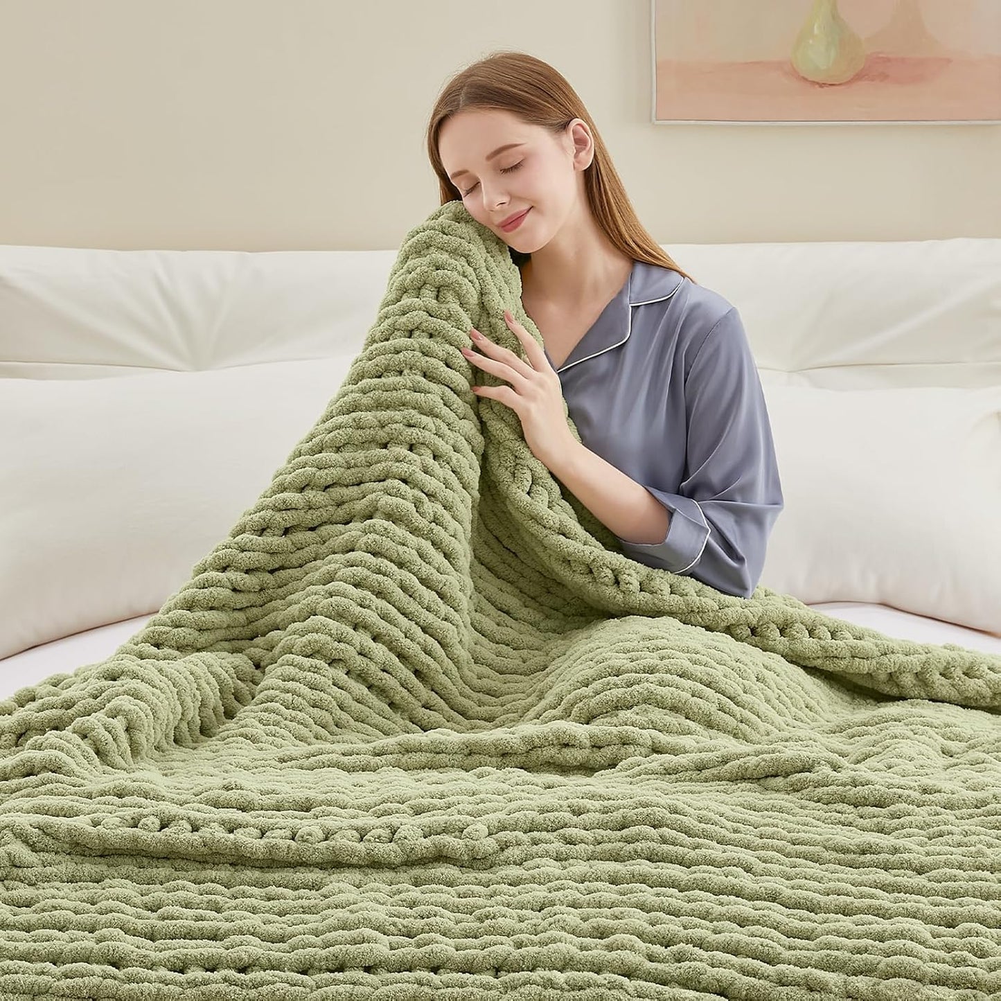 Chunky Knit Throw Blanket, 40''*50'' Knitted Throw Chenille Yarn for Bed Couch, Handmade Light Green Crochet Big Thick Blanket, Machine Washable Cute Comfy Blanket for Home Decor