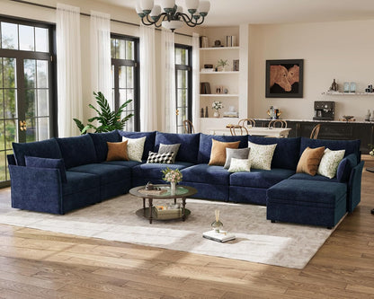 166.6" Oversized Modular Sectional Sofa, U Shaped Convertible Couch with Movable Ottoman, Large 8 Seat Corner Couches for Living Room Deep Seat Blue Chenille