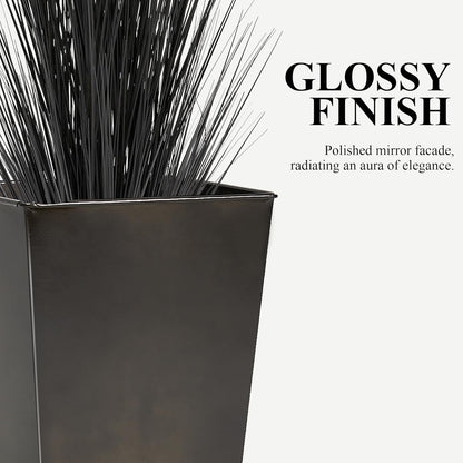 WORTH Garden 25" Large Metal Glazed Planter Set of 2, Luxurious Glossy Finish Black Tall Square Tapered Steel Plant Pots, Decor Flower Pot Indoor & Outdoor, Drainage Hole & Dual-Purpose Plant Saucer