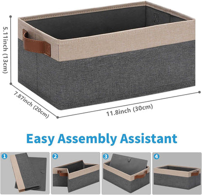 GhvyenntteS Small Fabric Storage Bins 6 Pack, 11.8" x 7.87" x 5.11" Storage Basket with Leather Handles, Closet Storage Bins for Shelves, Storage Baskets for Shelves, DVD Storage (Grey/Beige Yellow)