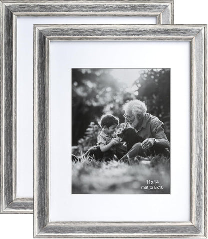 Yaetm 11x14 Rustic White Wood Picture Frame with Mat for 8x10, Weathered Solid Wood Frame with Real Glass, Distressed White Wooden Photo Frames 11 x 14 for Tabletop & Wall Mount, 2 Pack