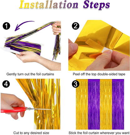2 Pack Graduation Backdrop, 3.28 FT x 7.05 FT Grad Party Decorations 2025, Purple Gold Backdrop Foil Fringe Curtains, Metallic Purple and Gold Graduation Decorations Class of 2025 Decor