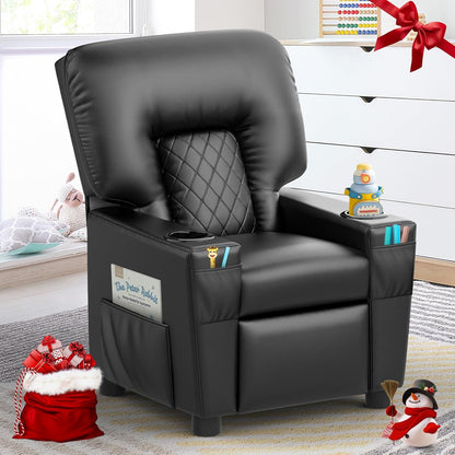 Kids Recliner Chair, Leather Push Back Kids Reclining Chair with Cup Holders & Side Pockets, Safety Adjustable Footrest Toddler Recliner for Age 3+, Kid Recliners for Girls Boys, Black