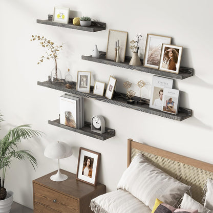 24 Inches Floating Shelves for Wall, Solid Pine Wood Picture Ledge Shelves, Wall Shelves with Lips, Nursery Book Shelves for Toys Storage Living Room Bedroom Photo Frames (2 Pcs, Grey)