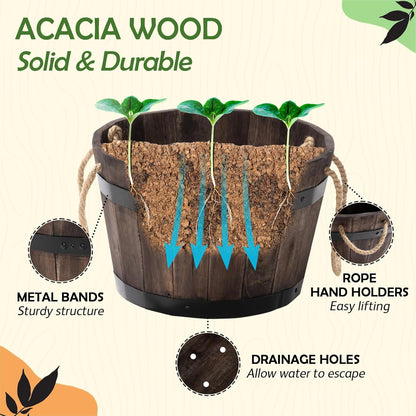 IDZO Set of 3 Wooden Flower Boxes Outdoor, Durable Acacia Wood Barrel Planters for Outdoor Plants with Ergonomic Handles, Drainage Holes, Multiple Sizes Wood Bucket Planter for Home Décor