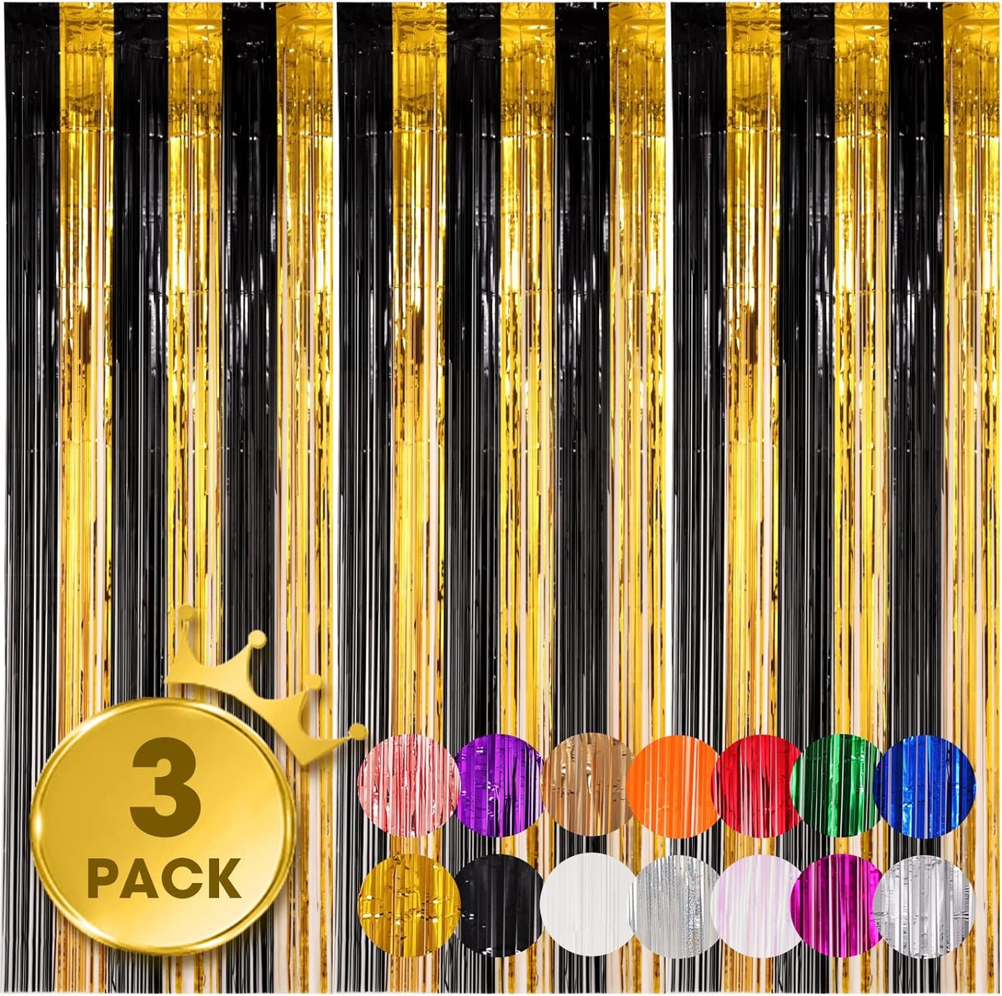 3 Pack 3.3x8.2 Feet Black and Gold Foil Fringe Backdrop Curtains, Tinsel Streamers Birthday Party Decorations, Fringe Backdrop for Graduation, Baby Shower, Gender Reveal, Disco Party