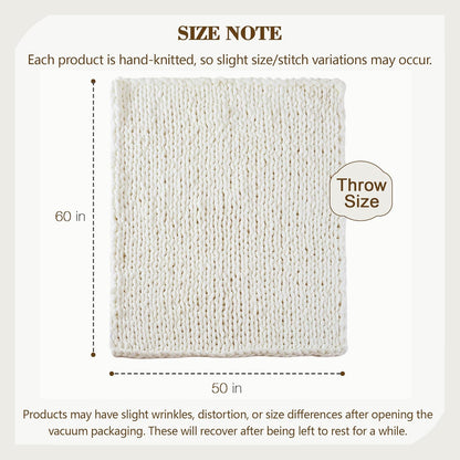 Carriediosa Chunky Knit Throw Blanket 50" X 60", 100% Hand Made Large Chenille Loop Yarn Soft Fluffy Throws for Couch Sofa Bed, Big Crochet Cozy Heavy Thick Cable Woven Blankets, Cream White