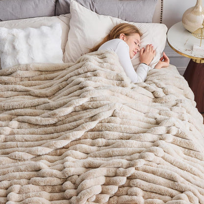NEWCOSPLAY Faux Fur Throw Blanket Linen 3D Ribbed Plush Thick Warm Blanket for Couch Sofa Bed 850GSM (Linen Ribbed, Throw(50"x60"))