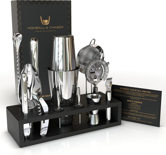 Highball & Chaser 13-Piece Boston Cocktail Shaker Set Stainless Steel Mixology Bartender Kit With Stand For Home Bar Cocktail Set | Laser Engraved Cocktail Tools | Plus E-Book with 30 Cocktail Recipes