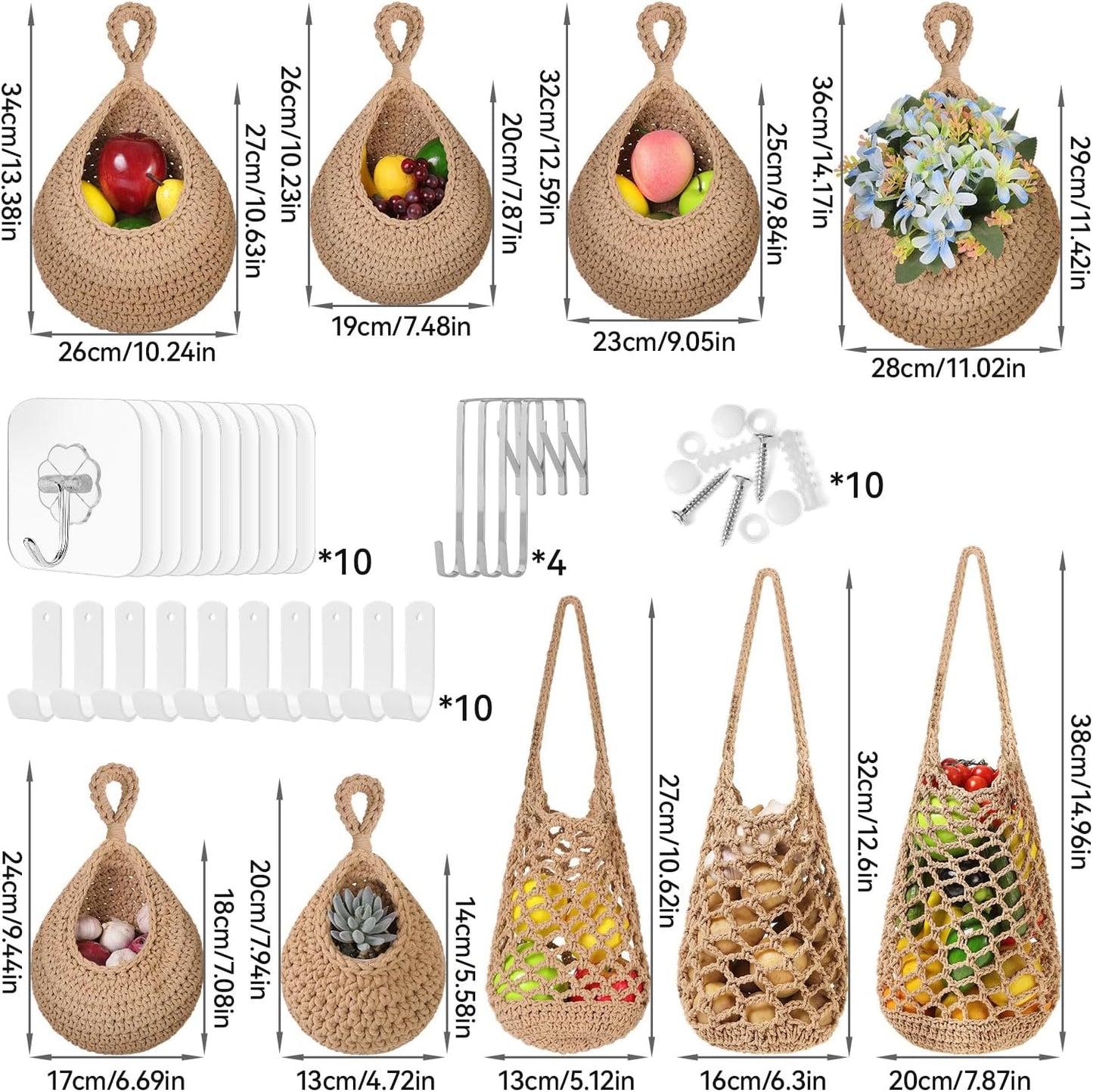 AARAINBOW Boho Wall Hanging Baskets for Kitchen Storage, Fruit Woven Wall Basket 9 Pcs, Hanging Vegetable and Onion Storage with 24 Hooks （Brown）