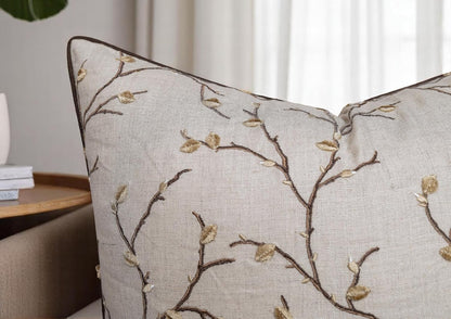 VAGMINE Embroidered Pussy Willow Throw Pillow Cover - 20x20 Inches Square - 100% Linen Natural Throw Pillowcase - Elegant Neutral Floral Design - Minimalist Rustic Home Accent for Sofa, Bed, Lounge