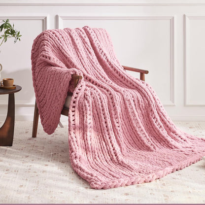 Chunky Knit Throw Blanket, 50''*60'' Knitted Throw Chenille Yarn for Bed Couch, Handmade Light Pink Crochet Big Thick Blanket, Machine Washable Cute Comfy Blanket for Home Decor