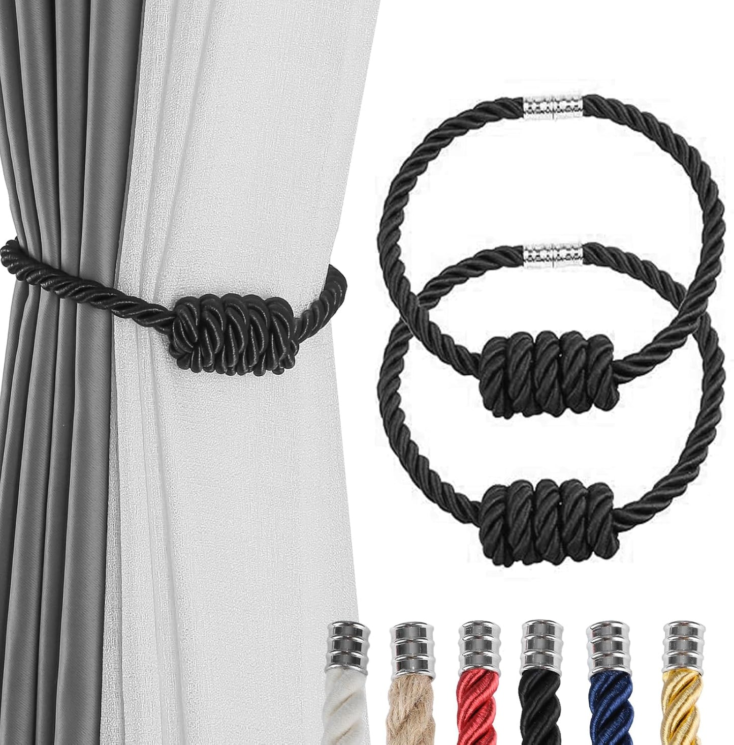 Fenghuangwu 2Pack Magnetic Curtain Tiebacks – Bohemian Style Handmade Woven Tie-Backs for Drapes,Elegant Exquisite Knot Holdbacks,Outdoor Boho & Modern Home Decor（Black