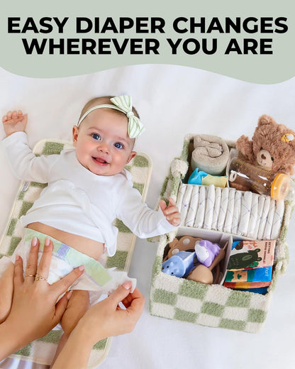 Checkered Diaper Caddy Organizer with Portable Changing Mat - Teddy Fleece Diaper Organizer for Changing Table - Caddy Organizer with Removable Dividers - Green and White