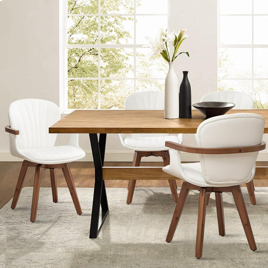 LUNLING Swivel Dining Chairs Set of 4, Mid Century Modern White Faux Leather Kitchen Chairs with