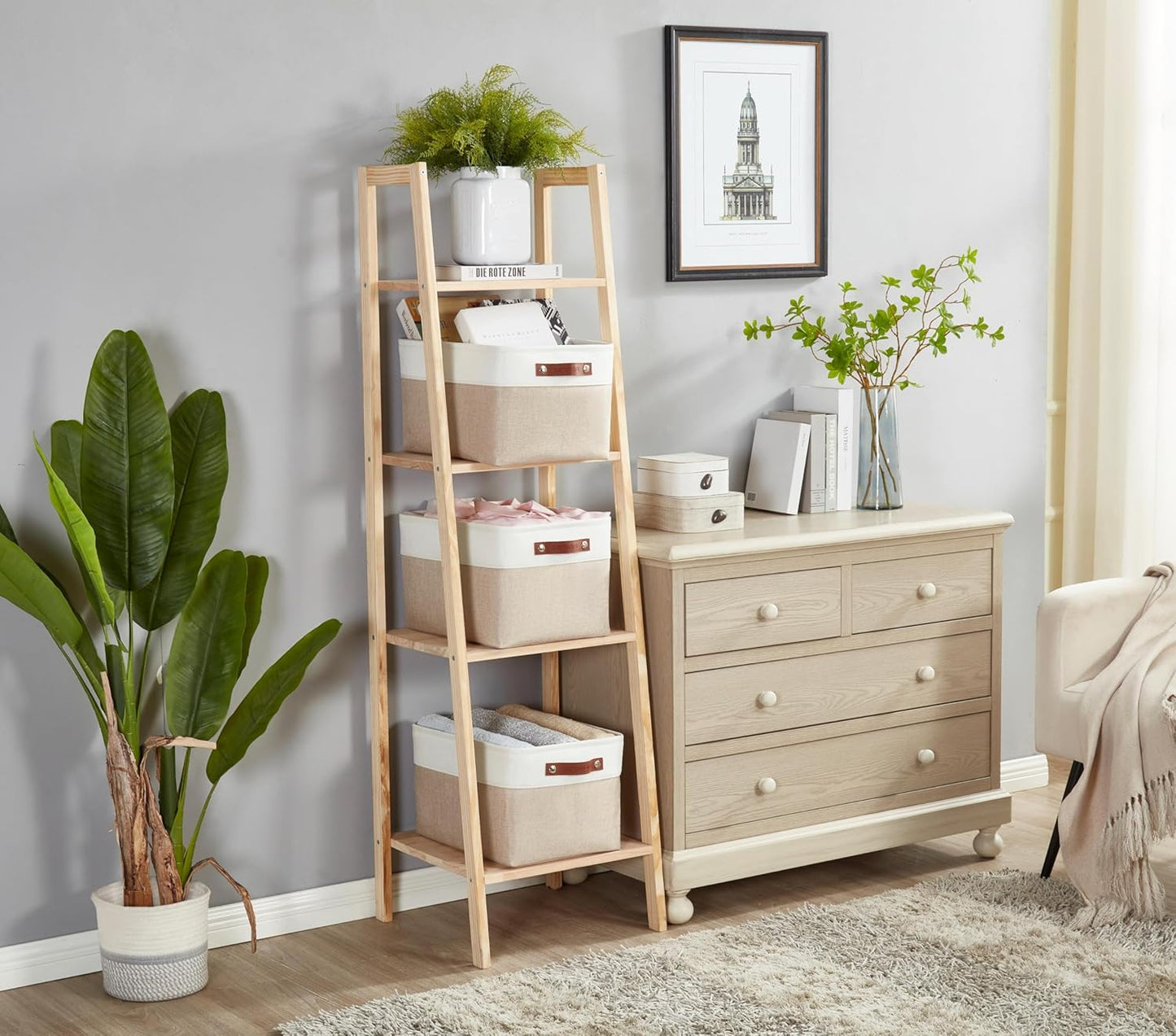 DECOMOMO Storage Bins Fabric Storage Baskets for Shelves, Linen Closet Organization Toys Nursery (Beige and White, Large - 1 Pack)