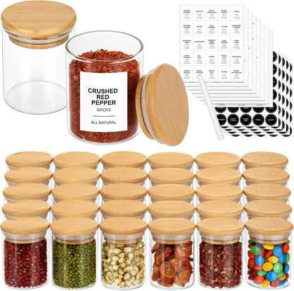 4OZ Glass Spice Jars with Bamboo Lids and 315 Labels, 10 Pcs Clear Food Storage Containers for Kitchen Sugar Salt Coffee Tea Beans