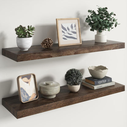 RICHFOCUS Elm Floating Shelves for Wall - 36" W x 9.3" D Rustic Solid Wood Shelves with Invisible Bracket, Wall-Mounted for Living Room, Bedroom, Kitchen Storage & Display, Set of 2, Walnut