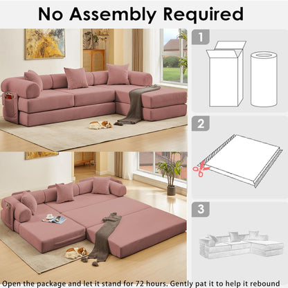 107" Oversized Convertible Sleeper Sofa Bed, Corduroy L Shape Sectional Couch, Folding Sofa Bed with Side Pocket, Modern Cloud Floor Mattress Couch, Modular Sofa for Living Room, Pink