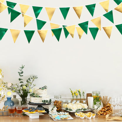 Green Gold Party Decorations Metallic Fabric Triangle Pennant Banner Flag Bunting Garland for Graduations Birthday Retirement Wedding Baby Shower Spring Summer Master Golf Theme Outdoor Party Supplies