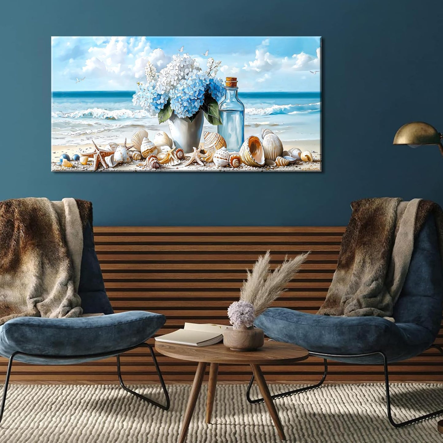 LASMOND Romantic Beach Wall Art for Living Room Blue Shells Conch Vase Canvas Prints Modern Large Flower Bottle Bedroom Ocean Artwork Decor (30x16 Inches)