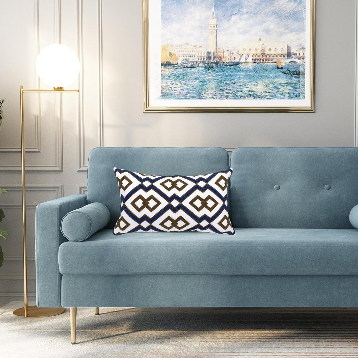 Alysheer Embroidered Lumbar Decorative Throw Pillow Cover 12"x 20", Classic Boho Geometric Embroidery Pattern Cotton Rectangular Cushion Case for Sofa Couch Living Room Bedroom(Blue Brown)