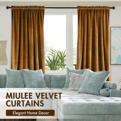 MIULEE Golden Brown Velvet Curtains Thermal Insulated Blackout Curtain Drapes for Bedroom Living Room Darkening 72 Inches Long Curtains Panels Rod Pocket Set of 2