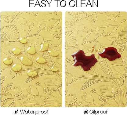 Romanstile Vinyl Placemats Set of 8-12 X 18 Inch - Heat Resistant Non-Slip Embossed Floral Place Mats 100% Waterproof Oilproof Wipeable Faux Leather Table Mats for Kitchen/Dining/Party, Yellow