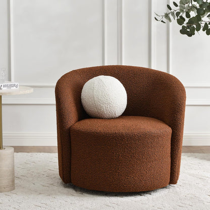 KINWELL Sherpa Swivel Barrel Chair & Round Ball Pillow Set - 34" Wide Modern Boucle Accent Chair with 9” Matching Nordic Decorative Throw Pillow for Living Room and Bedroom(Brown)