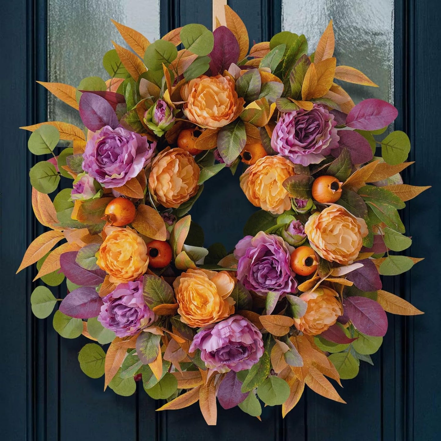 24 Inch Fall Wreath for Front Door - Autumn Wreath with Peony, Maple Leaves, Berries - Farmhouse Thanksgiving Halloween Decor for Porch, Front Door, Indoors & Outdoors - Rustic Harvest Home Decor