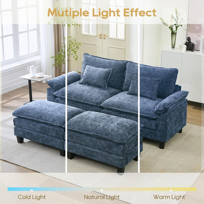 URRED Modular Sectional Sofa Comfy Cloud Couch, Modern Chenille Sofa Sleeper Deep Seat Couches with Ottoman/Pillows for Living Room (Blue, 82.6''- 2 Ottomans)