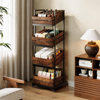 LITTLE TREE 4-Tier Basket Stand with Locked Wheels, Mobile Fruit and Vegetable Storage, Floor Stand