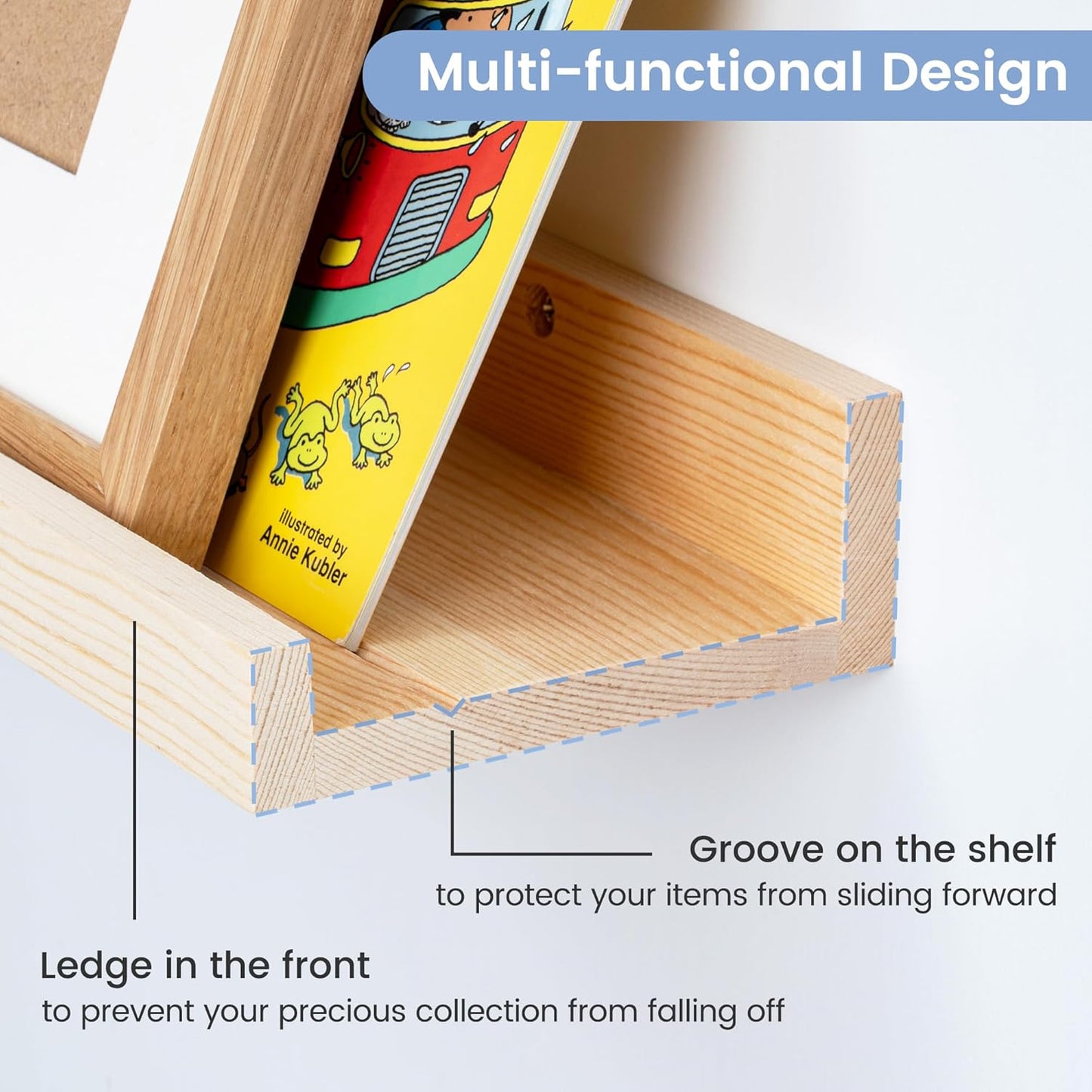 Picture Ledge Shelf for Wall, 16 inch Solid Pine Wood Nursery Book Shelves 2 Packs, Floating Ledge Shelves for Kids' Room Bedroom Bathroom Living Room Photo Frames Office Nursey Wall Decor, Natural