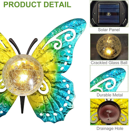 Solar Lights Outdoor Garden Butterfly Decor, Metal Butterfly Statue Decoration with LED Crackle Glass Globe, Solar Powered Lighted Garden Art Decor for Patio Lawn Yard Pathway Tabletop Ground