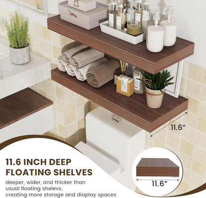 Deep Floating Shelves for Wall | 12 Inch Deep Floating Shelves 30 Inches Long Set of 2 | Rustic Walnut Floating Shelves for Living Room Bathroom Laundry Room Bedroom Kitchen Home Office