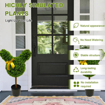 2 Pcs Artificial Bunny Shaped Topiary Trees, Artificial Green Boxwood Bunny Decorations with Gold Bow, Perfect for Indoor & Outdoor Front Porch, Easter& Garden Decor (Bunny Shaped Topiary Tree)