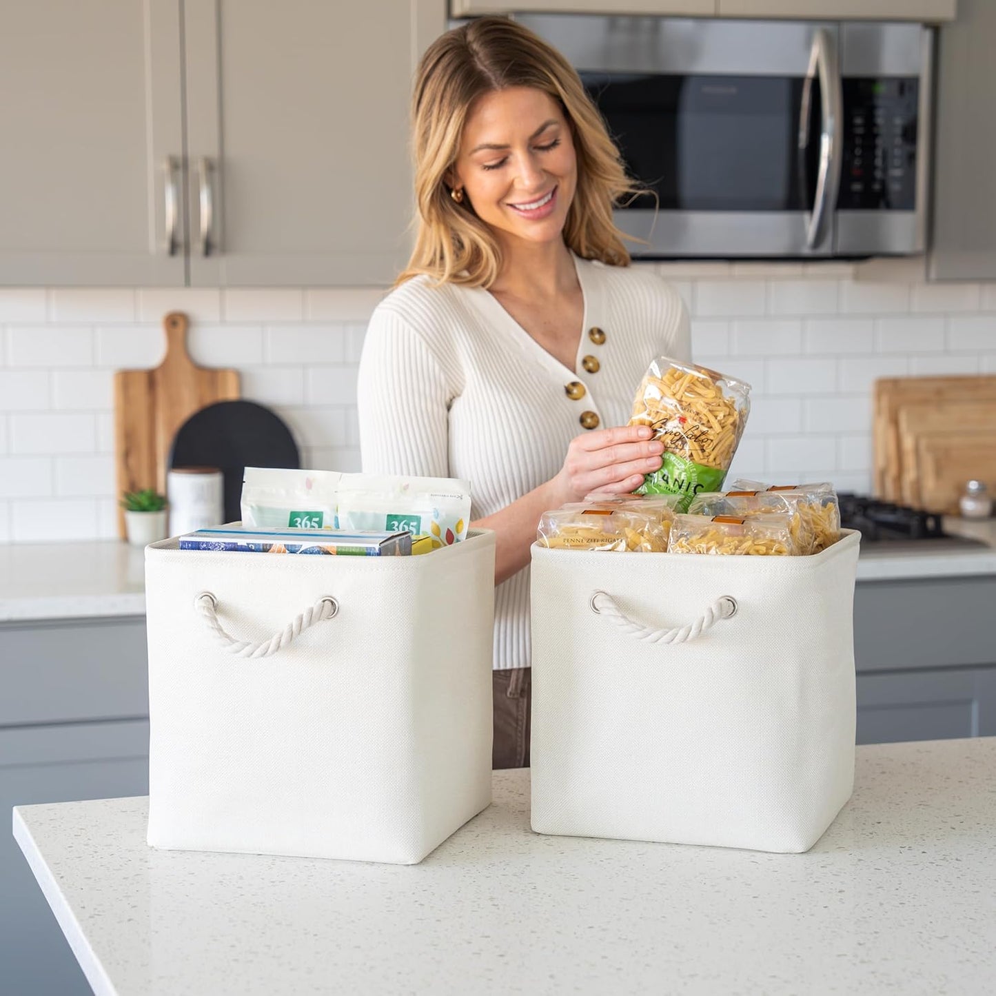OrganiHaus 11x11 Cube Storage Bins 4 Pack, Foldable Cube Storage Organizer w/ Rope Handles, Collapsible Fabric Bins for Toys, Clothes & Closet Organization, Fabric Square Baskets - Off-White