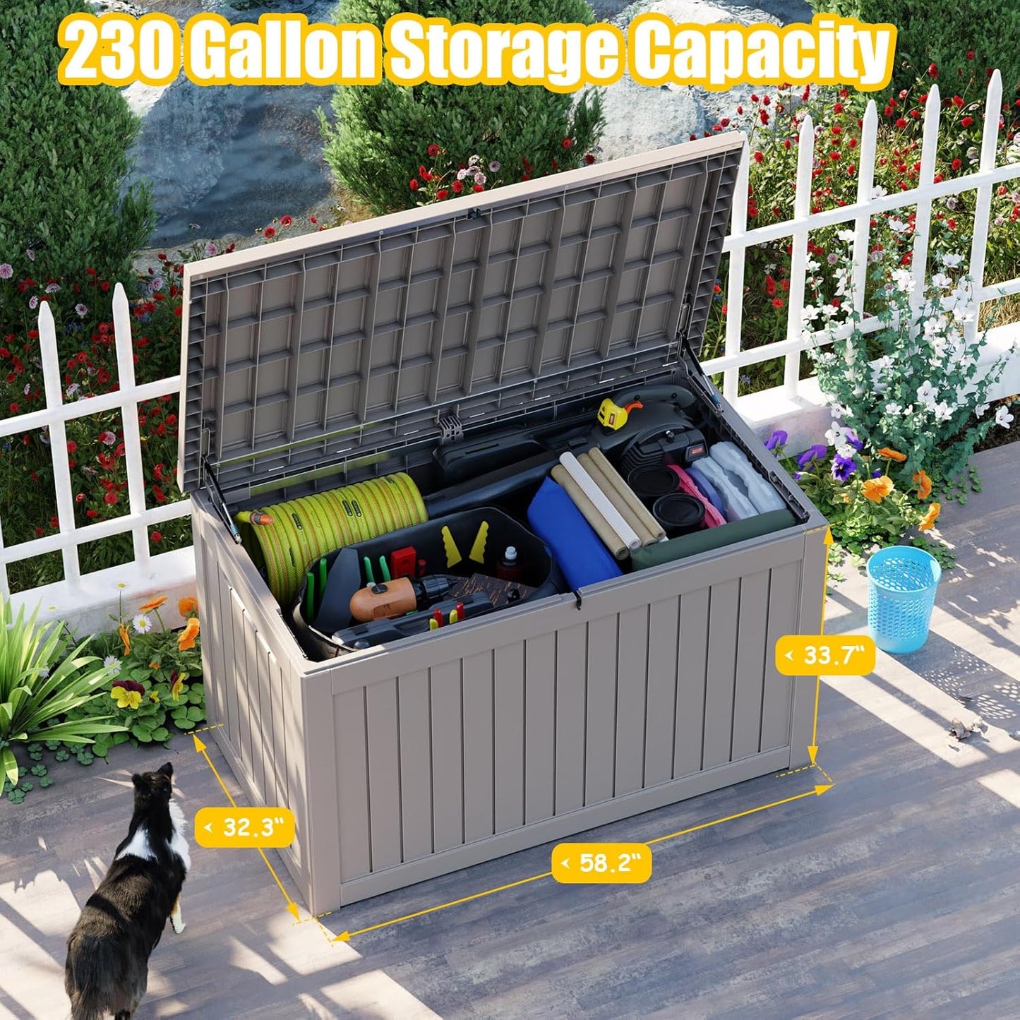 XXL 230 Gallon Large Resin Deck Box, Lockable Outdoor Storage Box for Patio Cushions Storage Furniture,Garden Tools, Pool Supplies, Weatherproof and UV Resistant- Grey (230 Gallon)