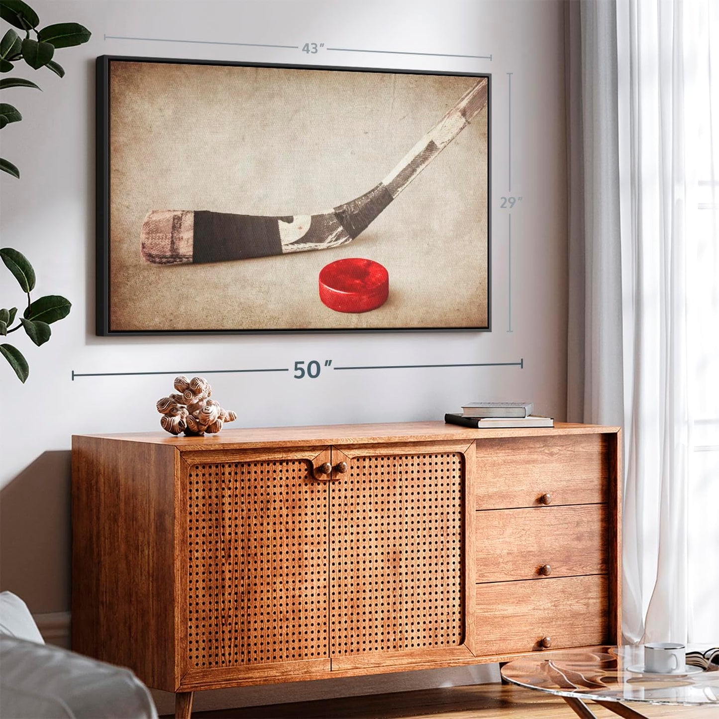 Elephant Stock Vintage Ice Hockey Wall Art - Horizontal Framed Canvas - 1-Piece Hallway Wall Decor - Photography Sports Canvas Print - Brown and Beige Decor for Wall - 43" X 29"