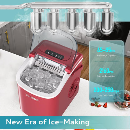 EUHOMY Countertop Ice Maker Machine with Handle, 26lbs Per Day, 9 Ice Cubes Ready in 6 Mins, Auto-Cleaning Portable Ice Maker with Basket and Scoop, for Home/Kitchen/Camping/RV (Red)
