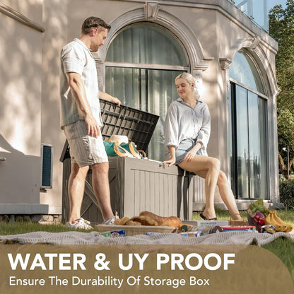 Devoko 120 Gallon Deck Box Resin Outdoor Storage Box Waterproof for Patio, Large Outdoor Storage Bench Lockable for Outside (Brown)