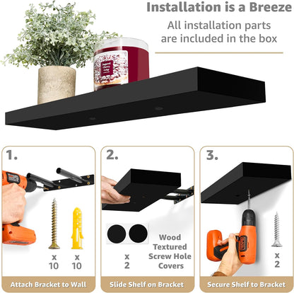 Sorbus Floating Shelves for Wall - 24" Bathroom Shelves, Wall Decor for Bedroom, Kitchen, Living Room, Home Decor & Book Storage - Mounted Floating Shelf with Invisible Brackets (Black, 2 Pack)