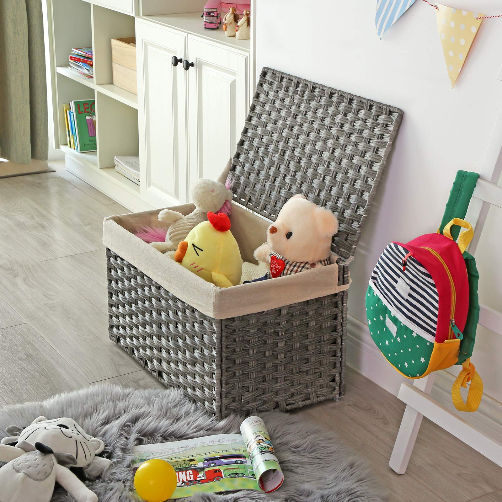 SONGMICS Storage Basket with Lid, Woven Blanket Storage Bin with Handles, Foldable, Removable