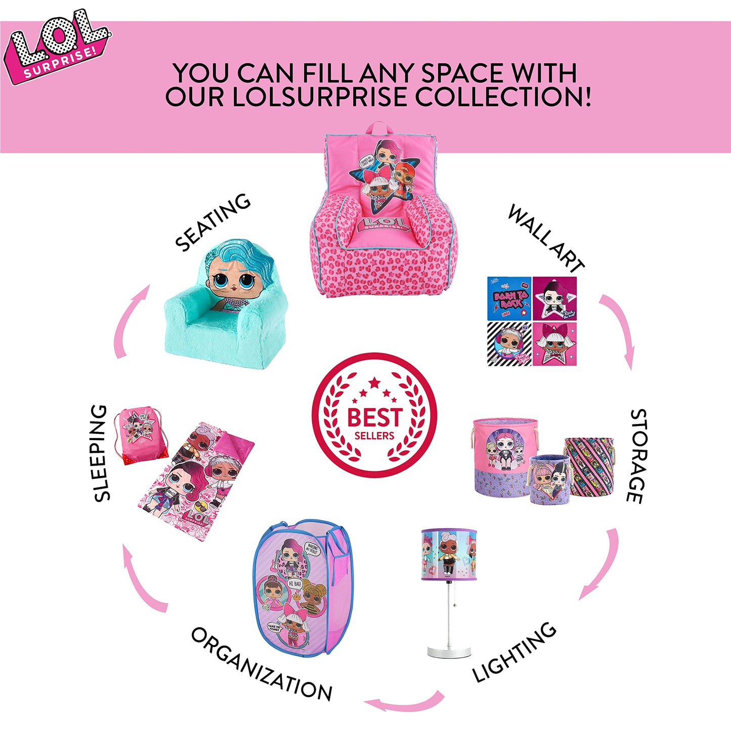 LOL Surprise Pop Up Laundry Hamper,Pink Kids Clothes Storage with Durable Carry Handles, 21" H x
