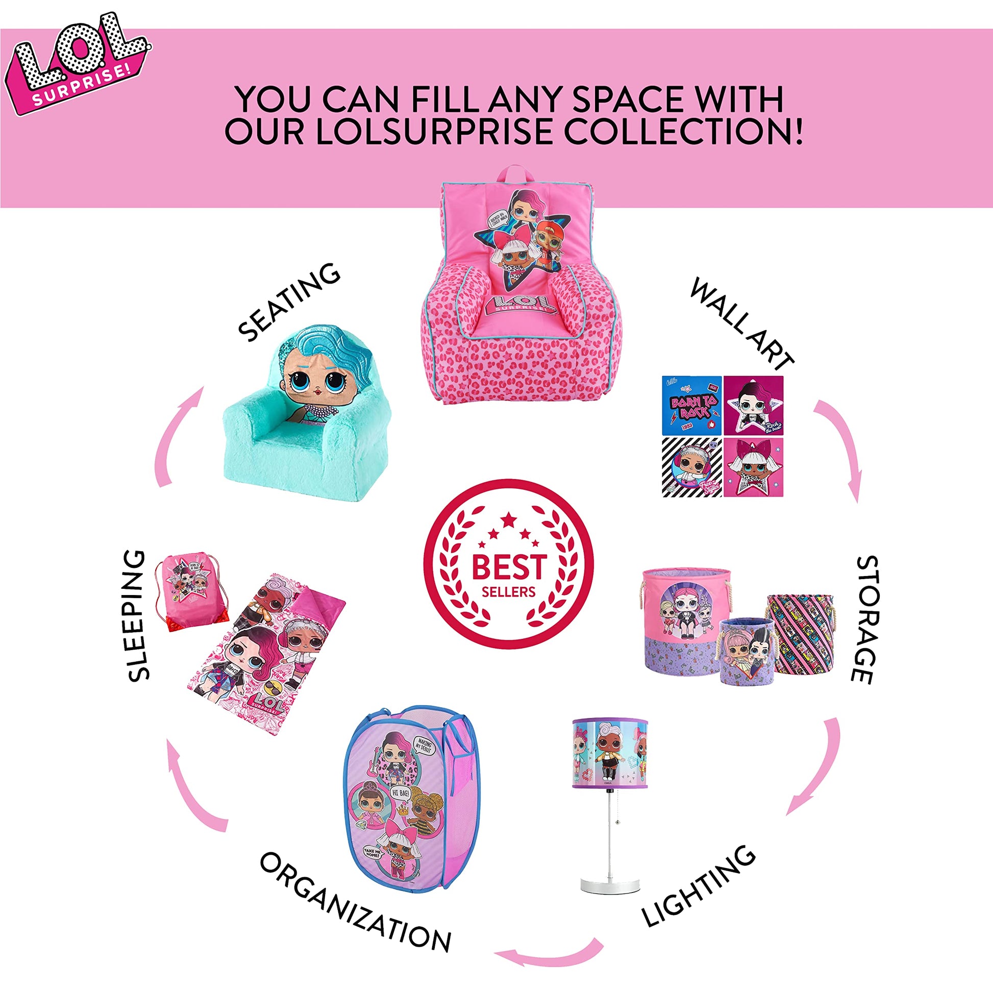 LOL Surprise Pop Up Laundry Hamper,Pink Kids Clothes Storage with Durable Carry Handles, 21" H x