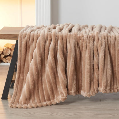 NEWCOSPLAY Super Soft Throw Blanket Taupe Premium Silky Flannel Fleece 3D Ribbed Jacquard Lightweight Bed Blanket All Season Use (Taupe Ribbed, Throw(40"x50"))