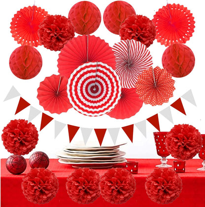 ZERODECO Party Decoration, 21 Pcs Red Hanging Paper Fans Pom Poms Flowers, Garlands String and Triangle Bunting Flags for Birthday Parties Baby Showers Wedding