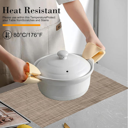 CADONO Placemats Set of 4 Washable Indoor/Outdoor Vinyl Place Mats for Dining Table Durable Non-Slip Heat Resistant PVC Weave Table Mats（Khaki）