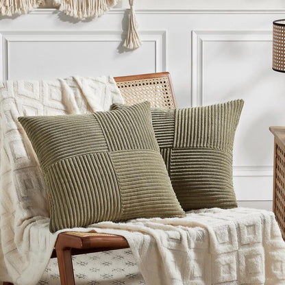 Fancy Homi 2 Packs Olive Green Decorative Throw Pillow Covers 20x20 Inch for Living Room Couch Bed Sofa, Rustic Farmhouse Boho Home Decor, Soft Corss Corduroy Patchwork Accent Cushion Case 50x50 cm