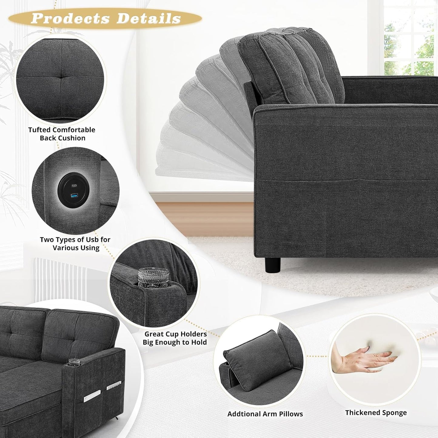 84 Inches Fabric Sectional Sofa w/Pull Out Sofa Bed & Adjustable Back, Tufted L Shaped Couch w/Storage Chaise, Sleeper Sectional Sofa w/USB Port & Cup Holders for Living Room, Grey